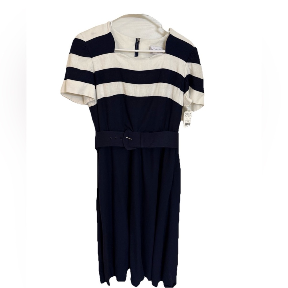 Vintage OBERON Women’s Navy Striped Linen Belted Long Dress with Pockets Size 10